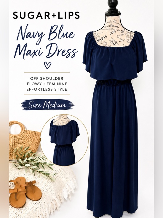 Sugarlips Dresses & Skirts - SUGAR+LIPS Navy Blue Off Shoulder Maxi Dress Size Medium | Boho Beach Vacation
